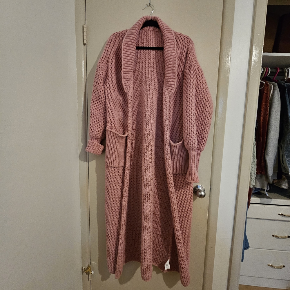 Cozy Pink Knit Long Sweater Cardigan